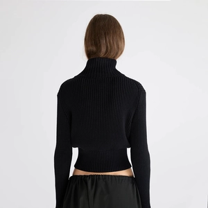 Black ribbed knit slim-fit turtleneck sweater for women, elegant back view silhouette