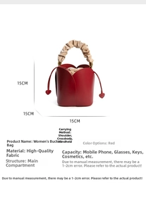 Detailed shot of red petal bucket bag with velvet handle and heart drawstring, size 15cm