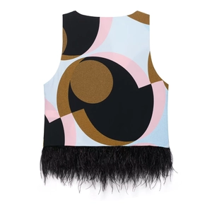 Top corto elegante para mujer con estampado geométrico y ribete de plumas negras suaves