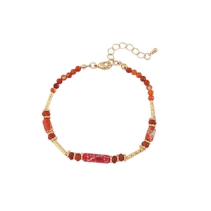 Retro handmade beaded bracelet with red gemstones and gold floral metal tubes