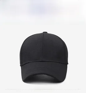 Front view of black cotton baseball cap for middle-aged men with metal logo detail