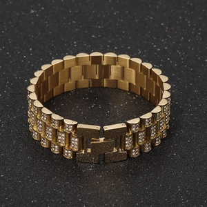 Hip Hop Men Bracelet Stainless Steel Iced Out Rhinestone Watchband Link Chain Luxury Punk Jewelry