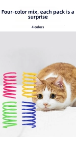 Macro detail of four colorful flexible plastic spring toys for cats in various bright colors