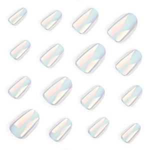 Glossy holographic white almond press-on nails set with iridescent shimmer finish