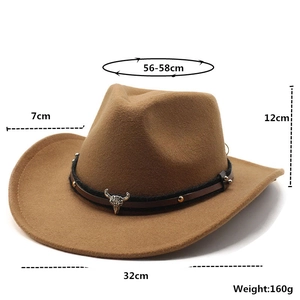Detailed size specifications of brown wool western cowboy hat with ox head ornament