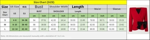 Size chart with US and EU measurements for red bow-waist Christmas jacket outfit
