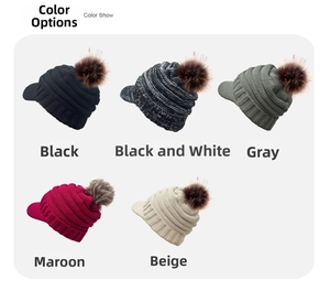 Detail of knitted visored beanies with large faux fur pom-poms in five colors