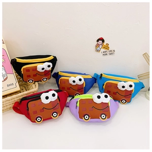 Collection of colorful cartoon car crossbody bags for kids in five vibrant color options