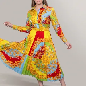 Elegante Vestido Plisado Para Mujer Con Estampado Barroco Manga Larga Solapa Cintura Alta Poliéster Midi Vestido Camisero