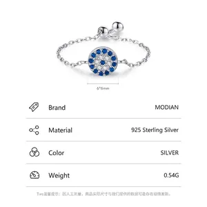 S925 sterling silver evil eye chain ring with blue cubic zirconia and adjustable band