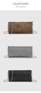 Close-up of evening clutch bags with rhinestones in gold, silver, and black colors