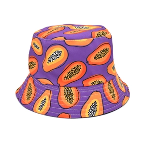Close-up of purple bucket hat with orange papaya print and detailed fabric stitching