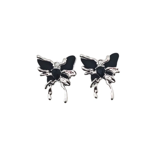 Elegant liquid metal butterfly earrings with black wings and a central dark gemstone