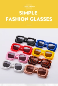 Detail of 8 colorful chunky rectangular sunglasses for kids in glossy plastic frames