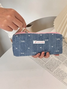 Denim bow stationery pencil case and organizer with pearl keychain and embroidery