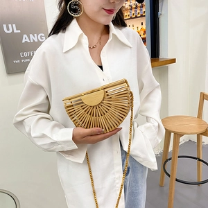Handwoven semi-circle bamboo bag with wooden bead chain handle for summer beach beach