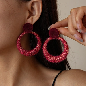 Geometric Round Hoop Earrings For Women Flocked Woolen Yarn With 925 Sterling Silver Earring Post Retro Vintage Style