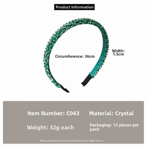 Detailed view showing dimensions of emerald green crystal beaded headband for women