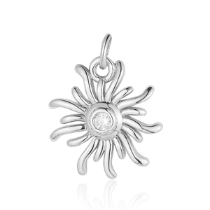 Detailed view of a silver sun pendant with a central round zircon and smooth polished finish