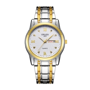 Men's waterproof quartz watch with two-tone steel strap and diamond Roman numerals dial