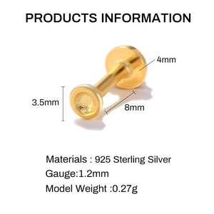 Technical dimensions of 925 sterling silver threaded piercing stud with size measurements