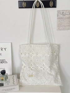 Sac fourre-tout en dentelle florale blanche de style français avec anses en cuir