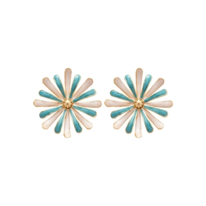 Orecchini a perno a margherita con petali in smalto blu e bianco e centro dorato