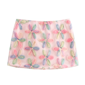 Damen Mini A-Linie Rock Mesh Tüll Bunte 3D Blumen Applikation Pailletten Rosa Süßer Frischer Stil