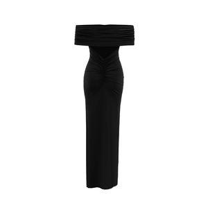 Close-up of black off-shoulder maxi dress featuring back cutout and ruched detailing