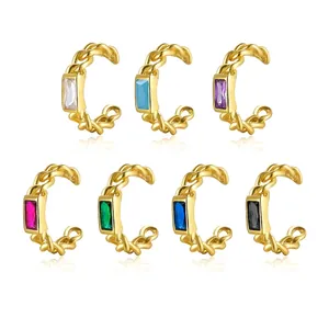925 Sterling Silver Ear Cuffs For Women C Shaped Chain Design Geometric Inlaid Zircon Rectangular Gemstone Clip Earrings