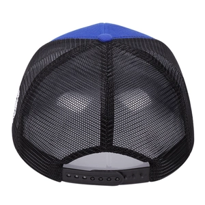 Detail view of the breathable black mesh back and adjustable snapback closure on the trucker hat