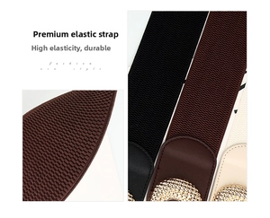 Detail of elastic waist belts in black, coffee, and beige with gold textured metal buckles