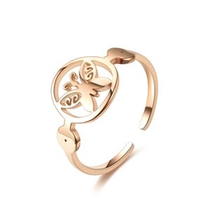 Detail of rose gold adjustable steel ring featuring a delicate hollow butterfly design