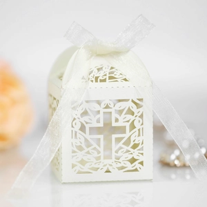 White laser cut cross gift box with pearlescent finish and ribbon for weddings