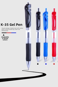 Detail of K-35 retractable gel pens with 0.5mm tips and soft rubber grips in three colors