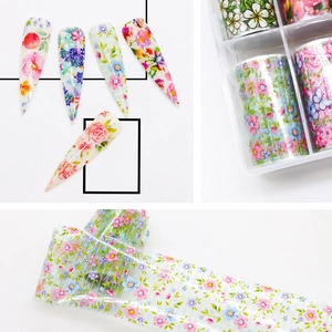 Floral nail art transfer foil set with 10 colors and various flower patterns in box