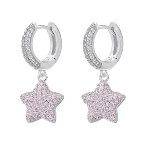 Macro detail of star-shaped earrings featuring pink zircons and silver micro-pave setting
