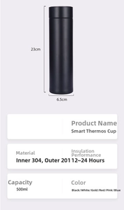 500ml black matte thermal cup size chart showing 23cm height and 6.5cm diameter specs