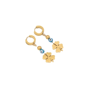 Elegant gold clover earrings with blue evil eye beads on a clean white background