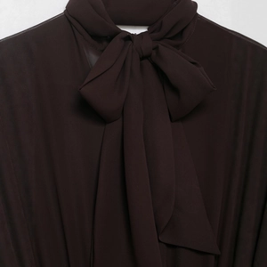 Elegant dark brown chiffon blouse featuring a stylish bow-tie collar and premium texture