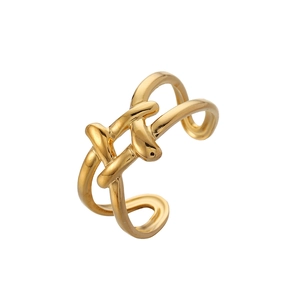 Detail of elegant gold plated open ring featuring unique twisted leaf line pattern