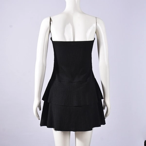 Rear view of black tube dress featuring layered ruffles and textured knit fabric detail