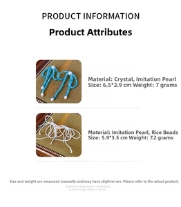 Detailed size and material chart for beaded bow earrings with crystal and pearl fringe