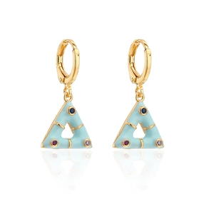 Detail of 18K gold triangle hoop earrings with light blue enamel and colorful gemstones