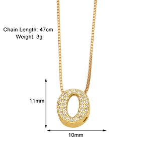 Detailed view of gold letter O pendant necklace with zircon and product dimensions
