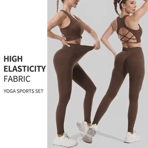Ensemble de yoga sans couture pour femme avec haut à dos croisé et legging en marron foncé