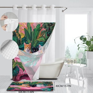 Detail of tropical cat print shower curtain and matching non-slip 60x40cm bath mat