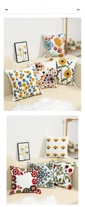 Detailed embroidery view of floral and sunflower patterns on thick linen pillow covers