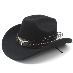 Classic black wool felt western cowboy hat featuring bull head and silver bead leather band