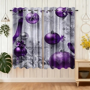 Detail of velvet Christmas curtain with purple ornaments and silver metal grommets